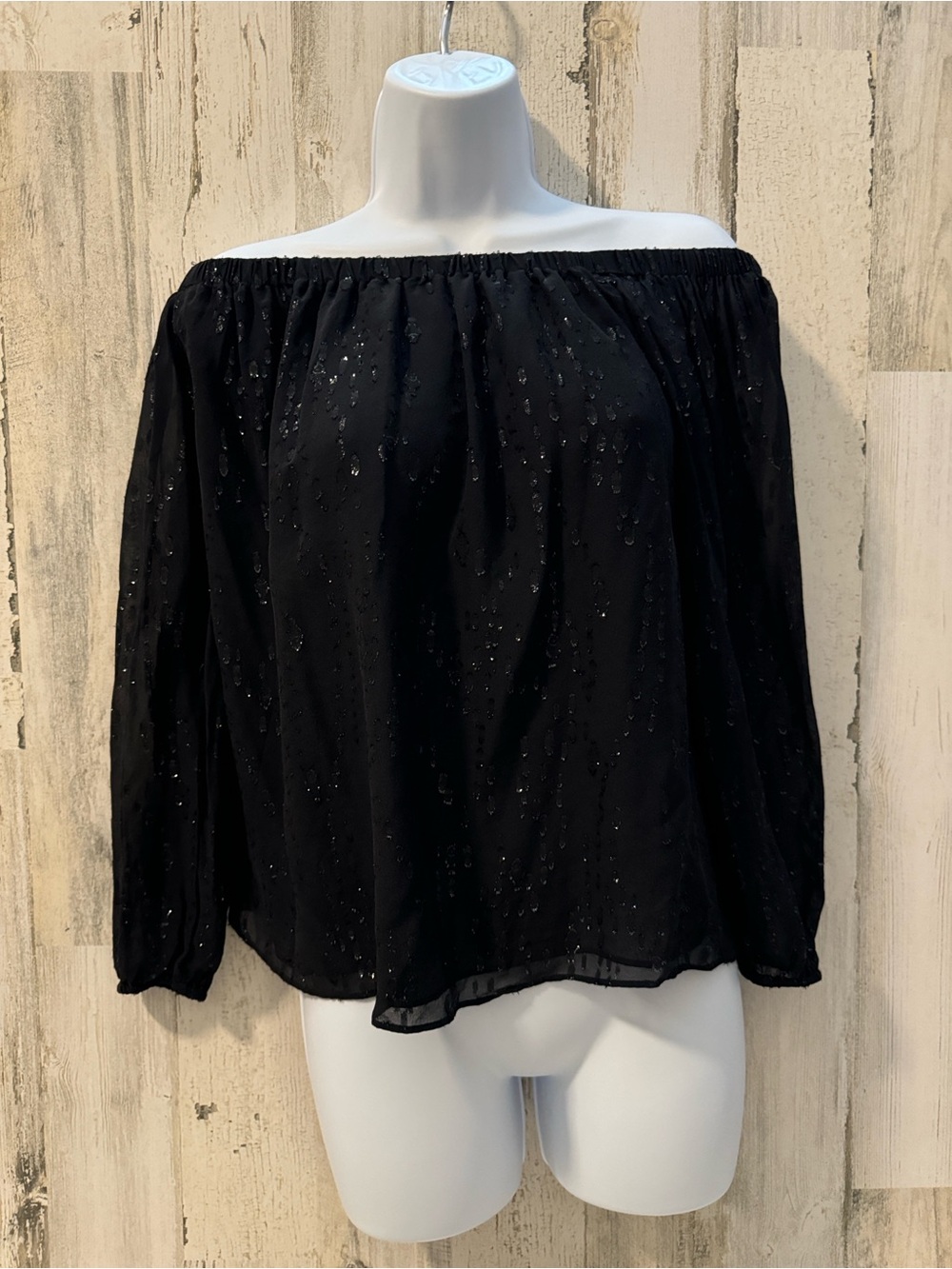 Lilly Pulitzer Silk Emilee Chiffon Black Sheer Shimmer Off Shoulder Top XS - Med